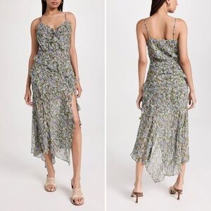 Veronica Beard Avenel Floral Ruffled Silk Asymmetric Midi Dress Green Sz 4 NWT